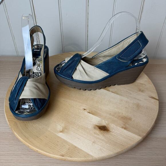 Fly London Shoes - FLY LONDON EU 37 US 6-6.5 Yakin Yata Leather Blue Cream Sandals